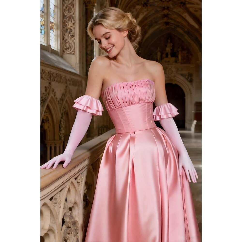 Women's Pink Long Satin Ruffle Cuff Stretchy Sleeves Gloves Wedding Costume - Picture 4 of 7